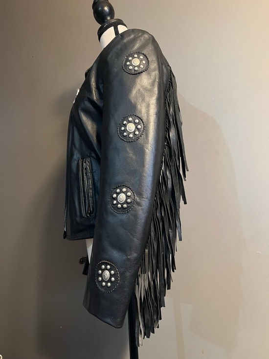 Bristol Jackets & Blazers - Bristol Golden Crown Black Leather Fringe Western/Biker Jacket. Size M. EUC